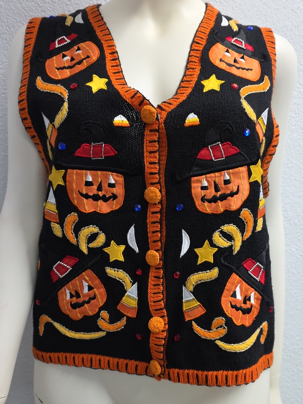 Vintage Knit Halloween Pumpkin Candy Corn Sweater Vest Size Large